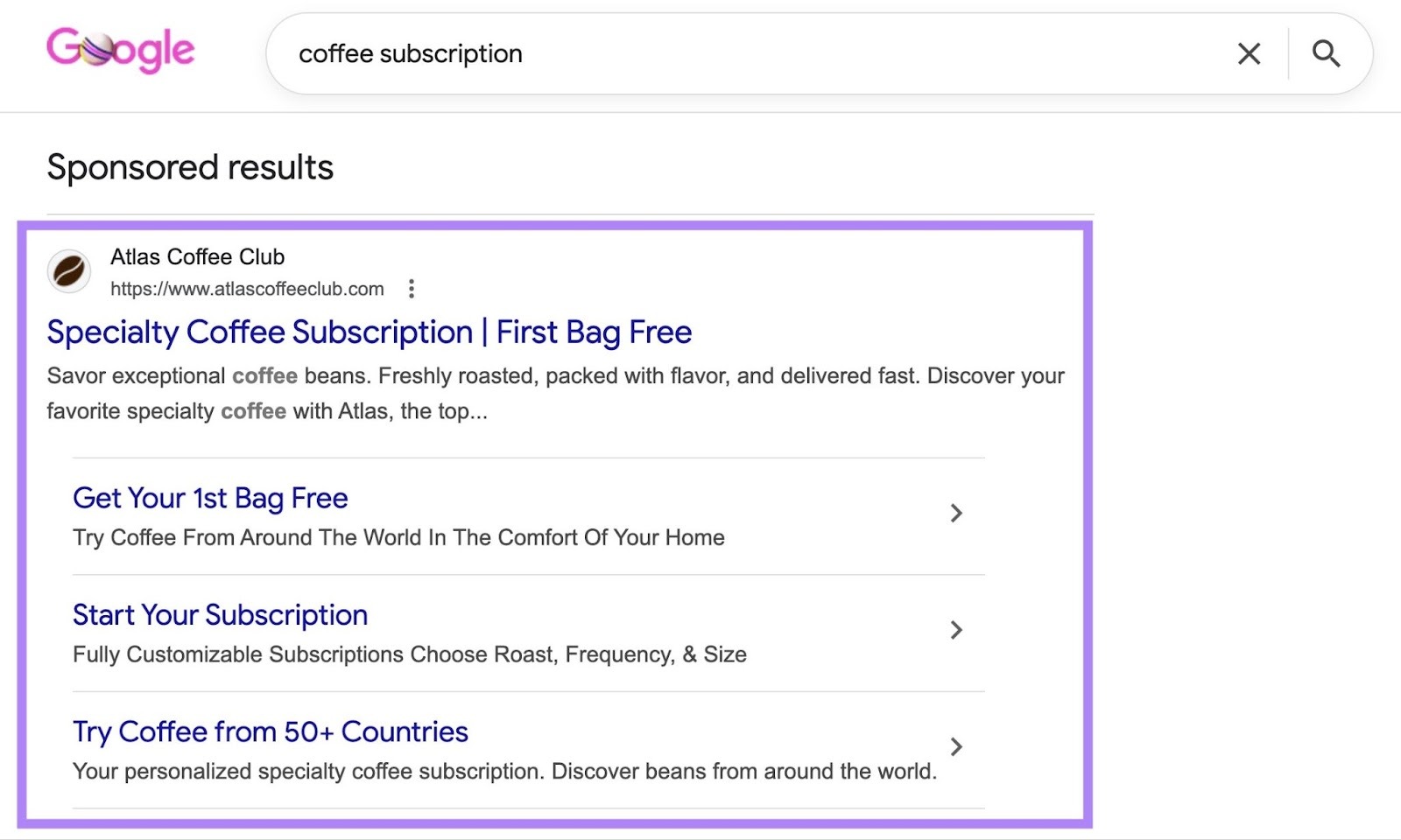 Google SERP for the term "coffee subscription" with the first sponsored result, by Atlas Coffee Club, at the top highlighted.
