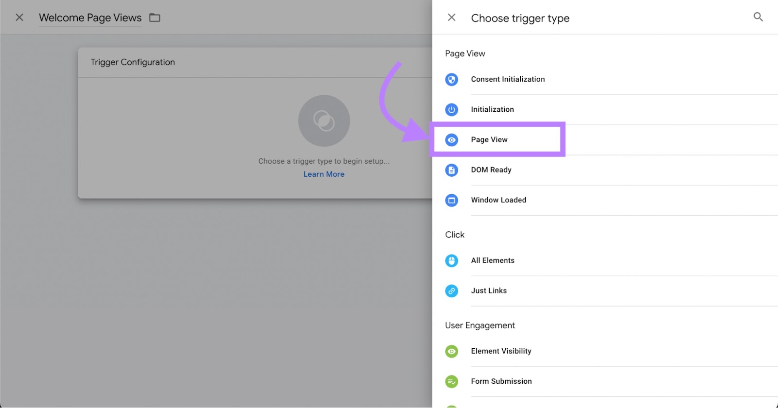 "Page View" selected under "Choose trigger type" menu
