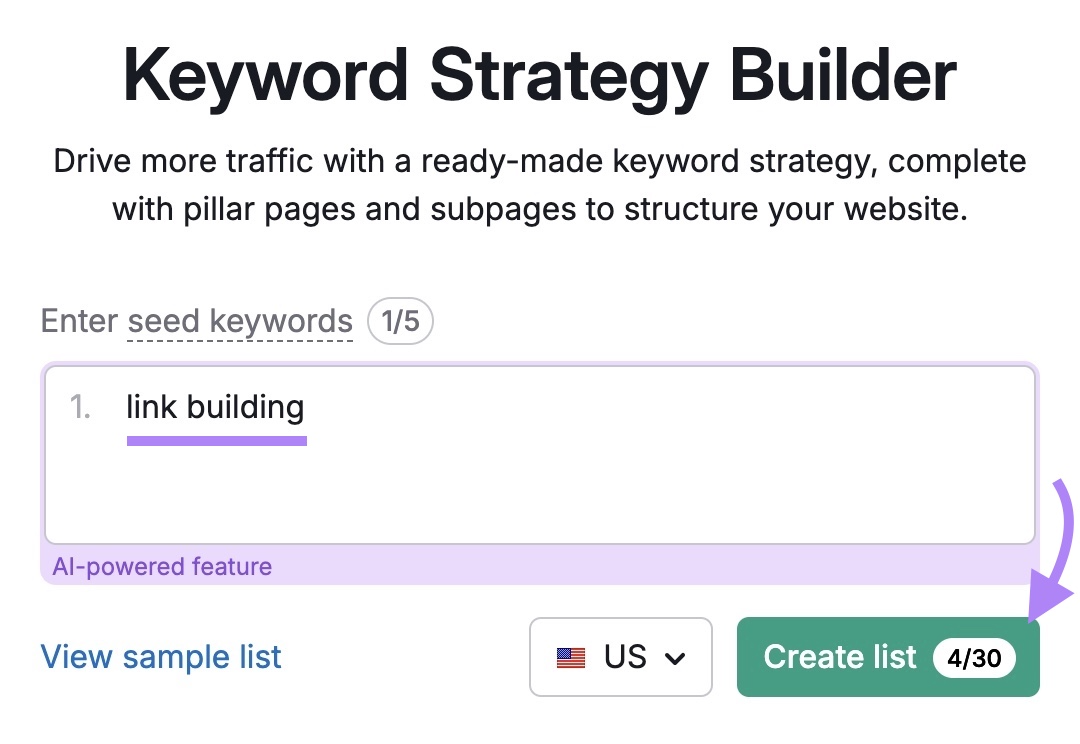Keyword Strategy Builder tool start with "link building" entered as the term and "Create list" clicked.