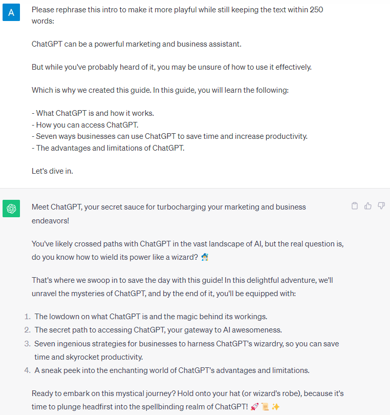 ChatGPT's response to “Please rephrase this intro to make it more playful while still keeping the text within 250 words” prompt