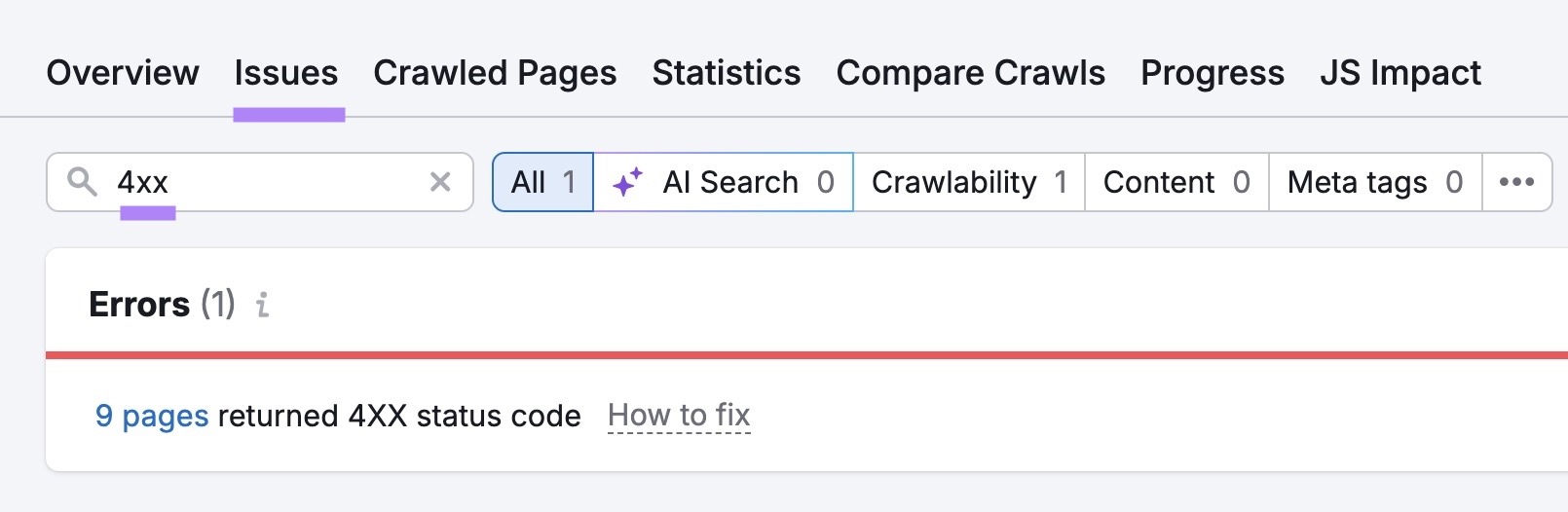 The "Issues" tab on Site Audit with "4xx" entered showing a list of related issues.