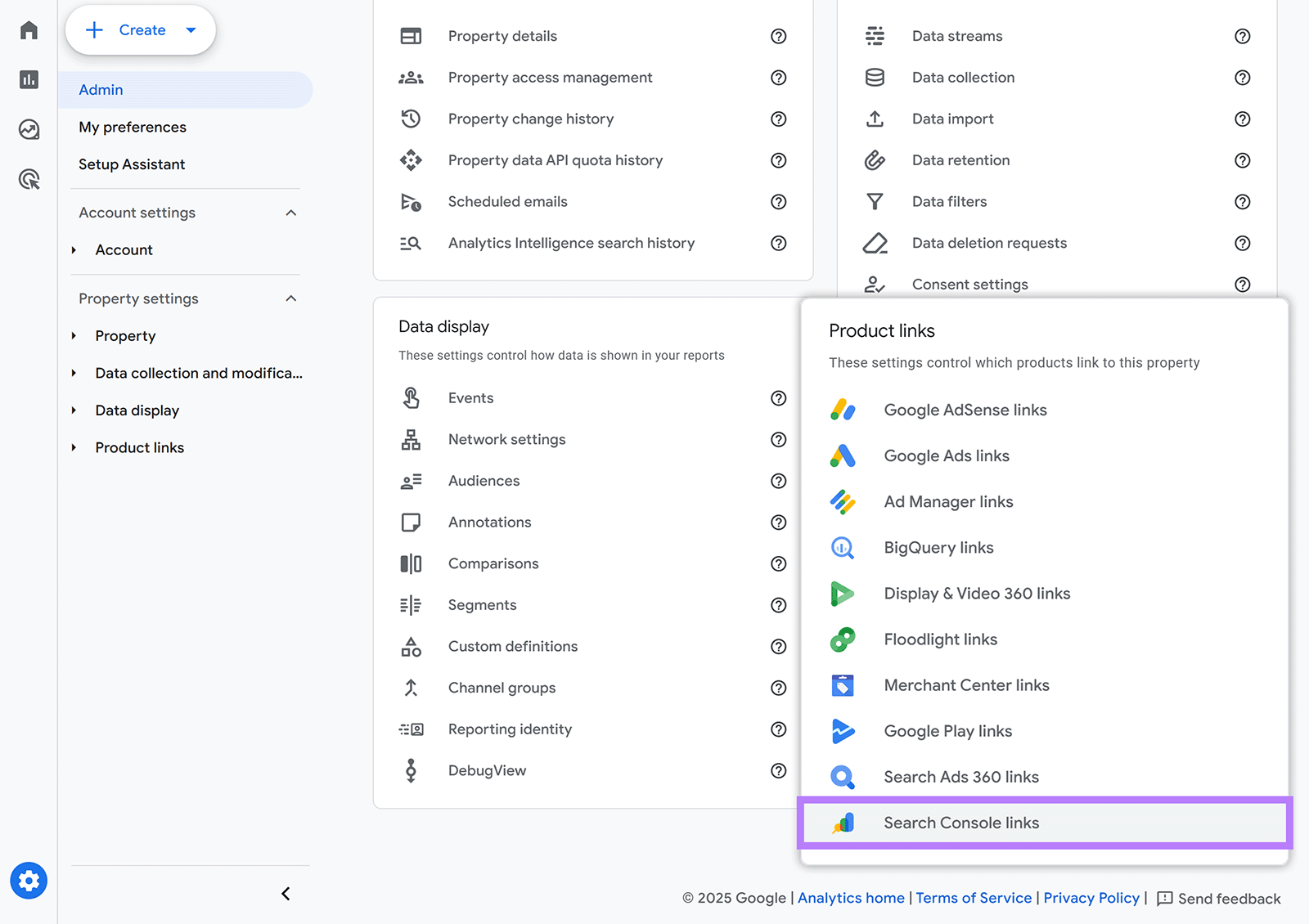 Google Analytics Admin panel with Search Console links option highlighted in Product links section