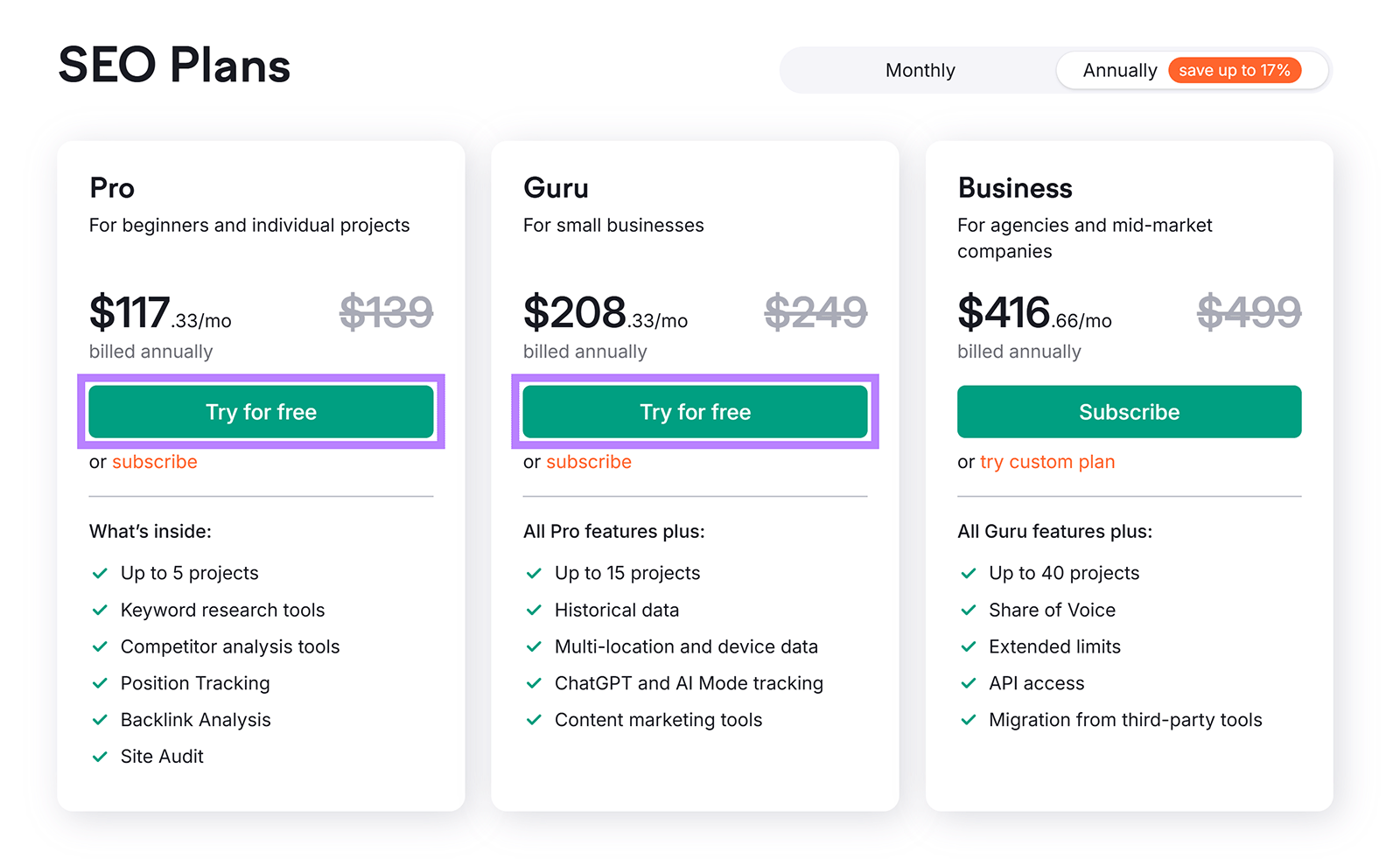 Semrush SEO pricing plans with highlighted try for free buttons under Pro and Guru tiers