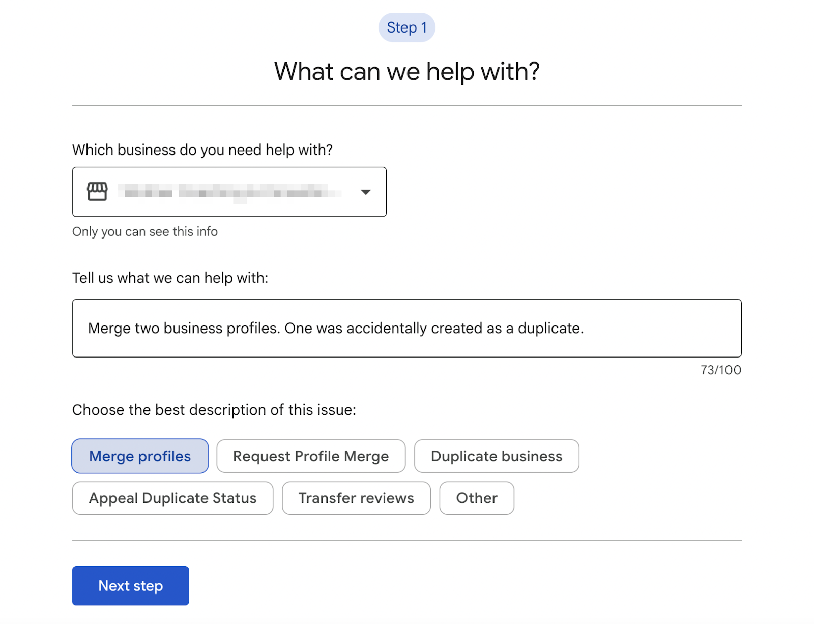 The prompt asks which business you need help with, a description of the problem, and the merge Google Business Profiles option is selected.