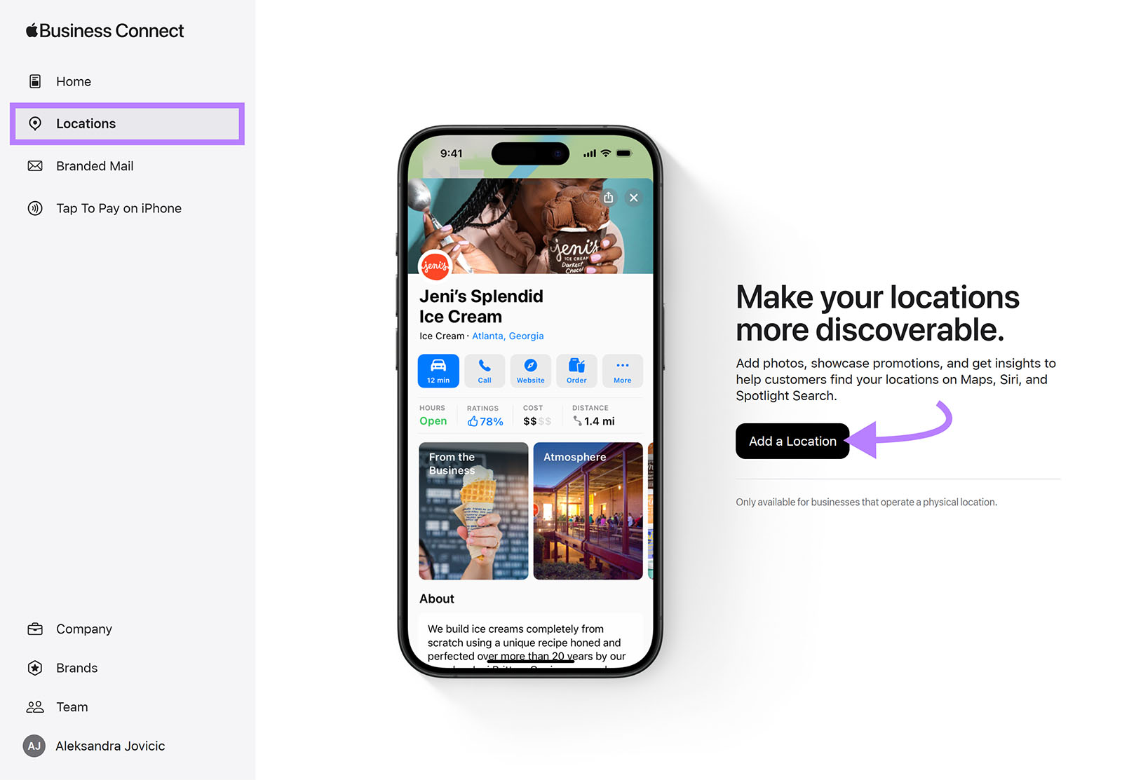 Apple Business Connect page with phone preview and purple arrow pointing to Add a Location.