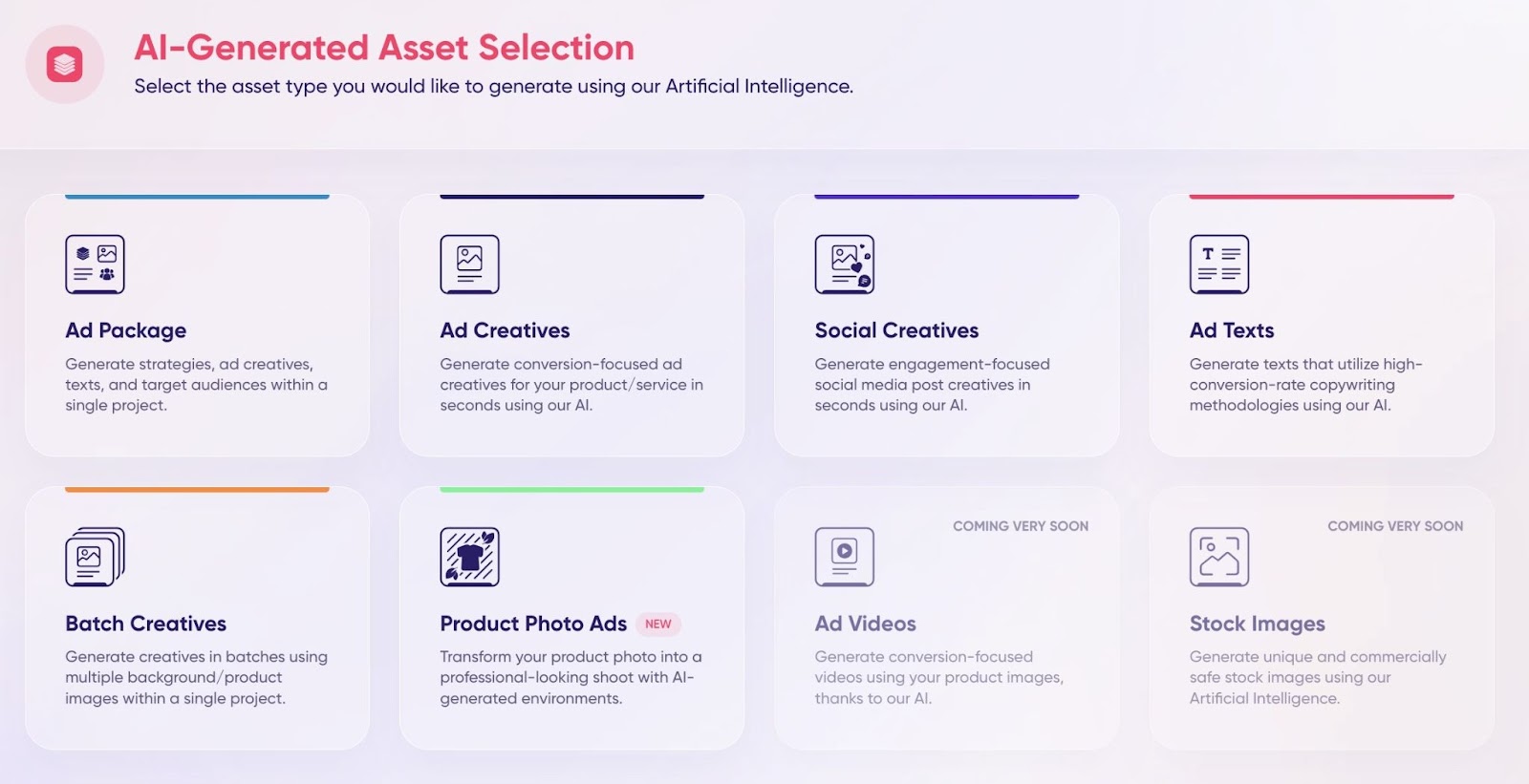 A list of AI-generated assets on "AdCreative.ai" including Ad package, texts, creatives, product photos etc.