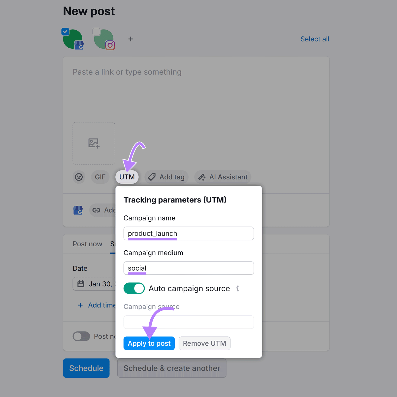Social Poster new post edito with UTM tracking panel open and campaign name and medium fields filled and Apply to post selected.