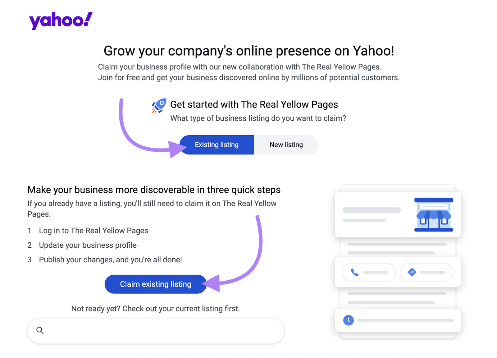 Navigation for claiming an existing Yahoo business listing is shown.