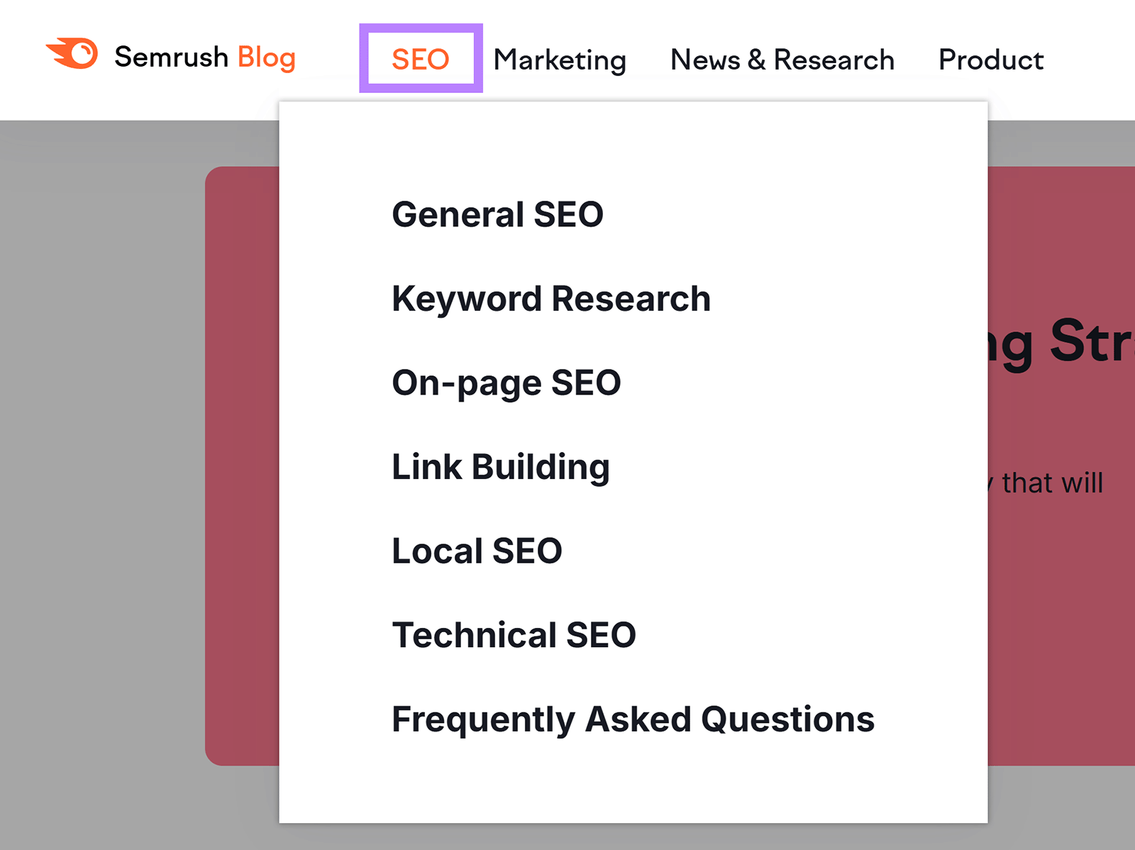 Semrush Blog Header navigation with SEO option selected showing dropdown menu with sub categories