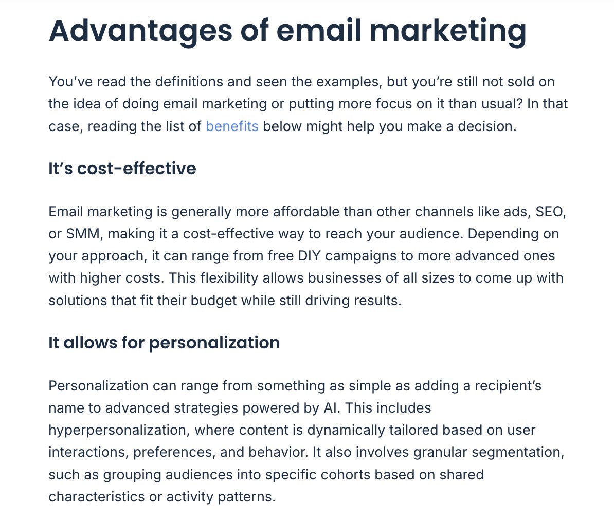 Concise, value-dense text snippets on a pillar page by Mailtrap.