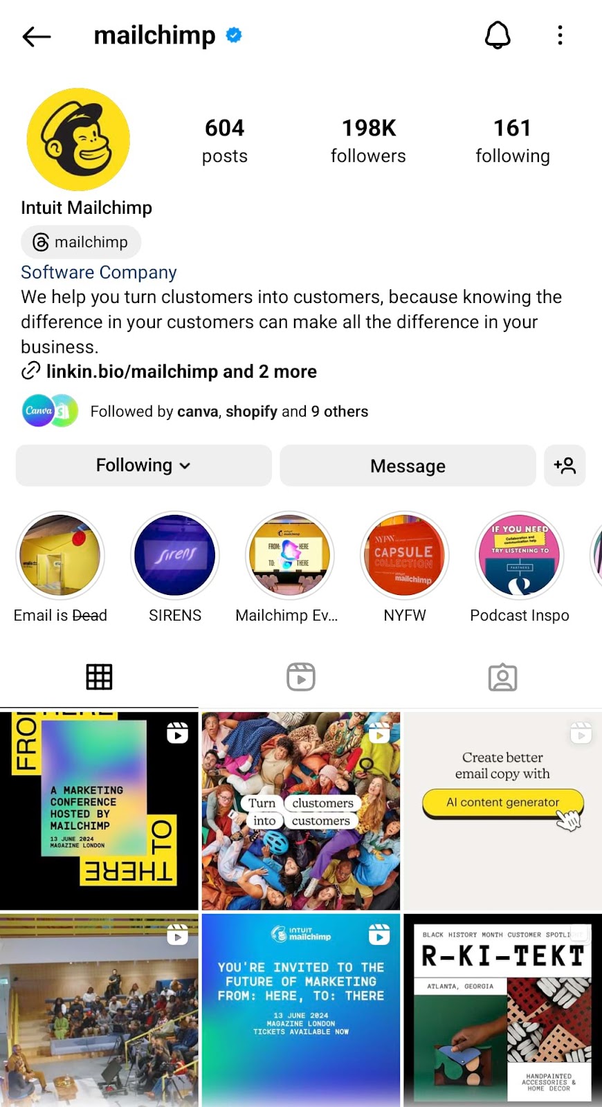 Mailchimp's Instagram account