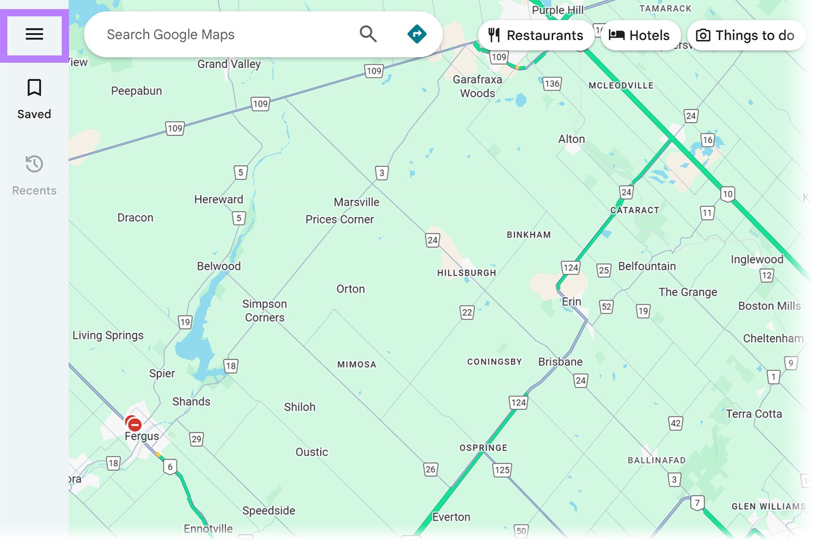 Google Maps view with the main menu icon highlighted in the top left.