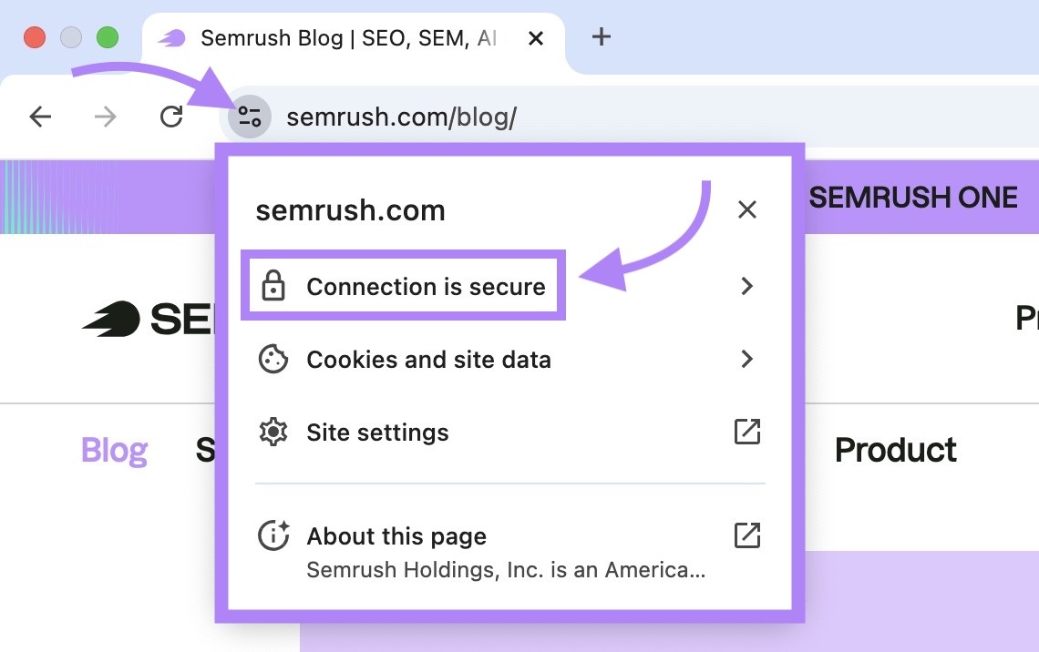 A browser address bar showing the lock icon next to a secure HTTPS website URL with the message "Connection is secure".
