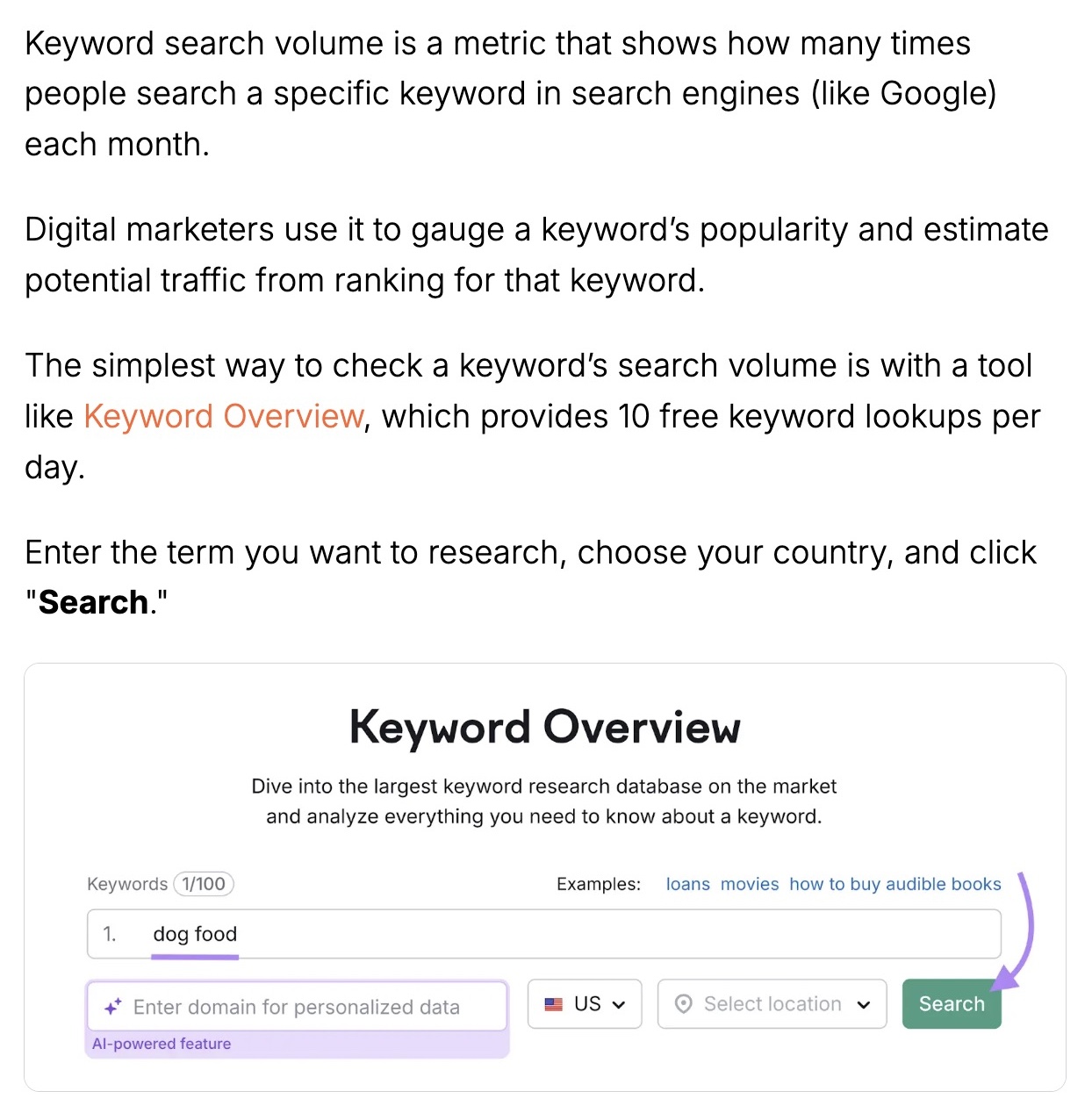 Keyword search volume definition followed by actionable advice on how to actually check for it on a blog post by Semrush.