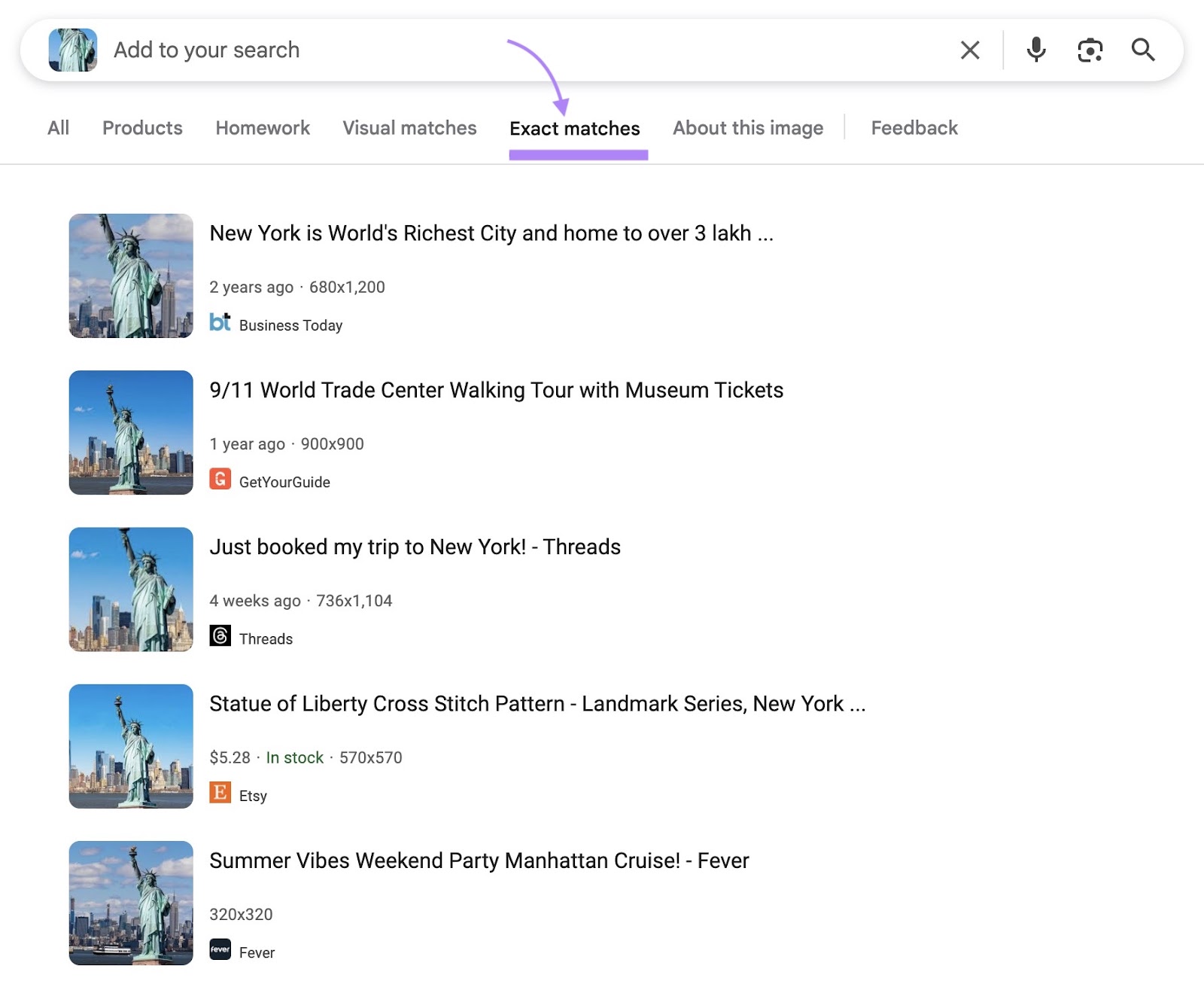 Checking for image theft on Google by uploading an image and navigating to the "Exact matches" tab.