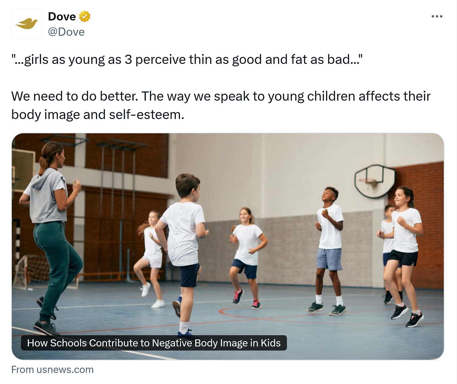 Dove X post highlighting the impact of language on children's body image, with a photo of kids exercising in a school gym.