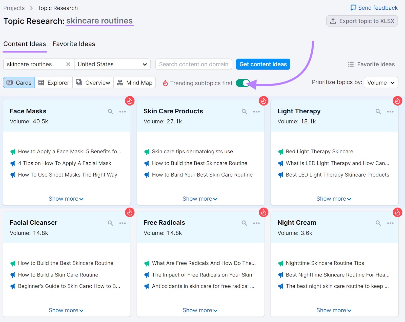Trending subtopics have a flame icon in the top right corner of the idea card.
