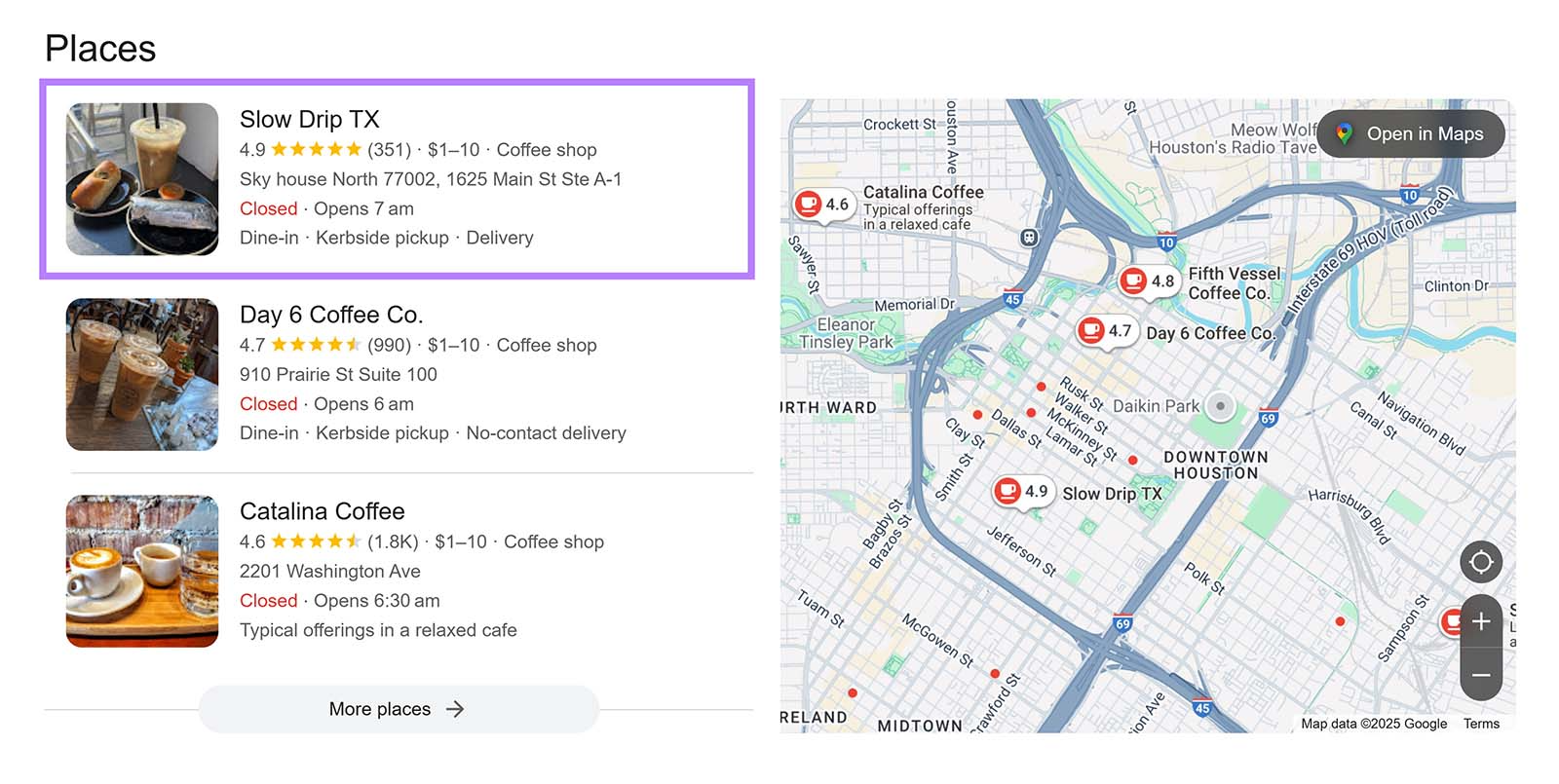 Google 3 pack showing list of Houston coffee shops with ratings and addresses and Slow Drip TX listing highlighted