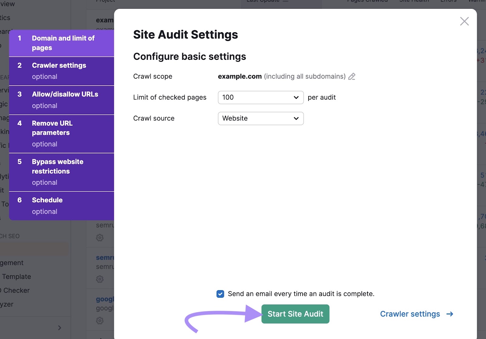 Site Audit Settings window