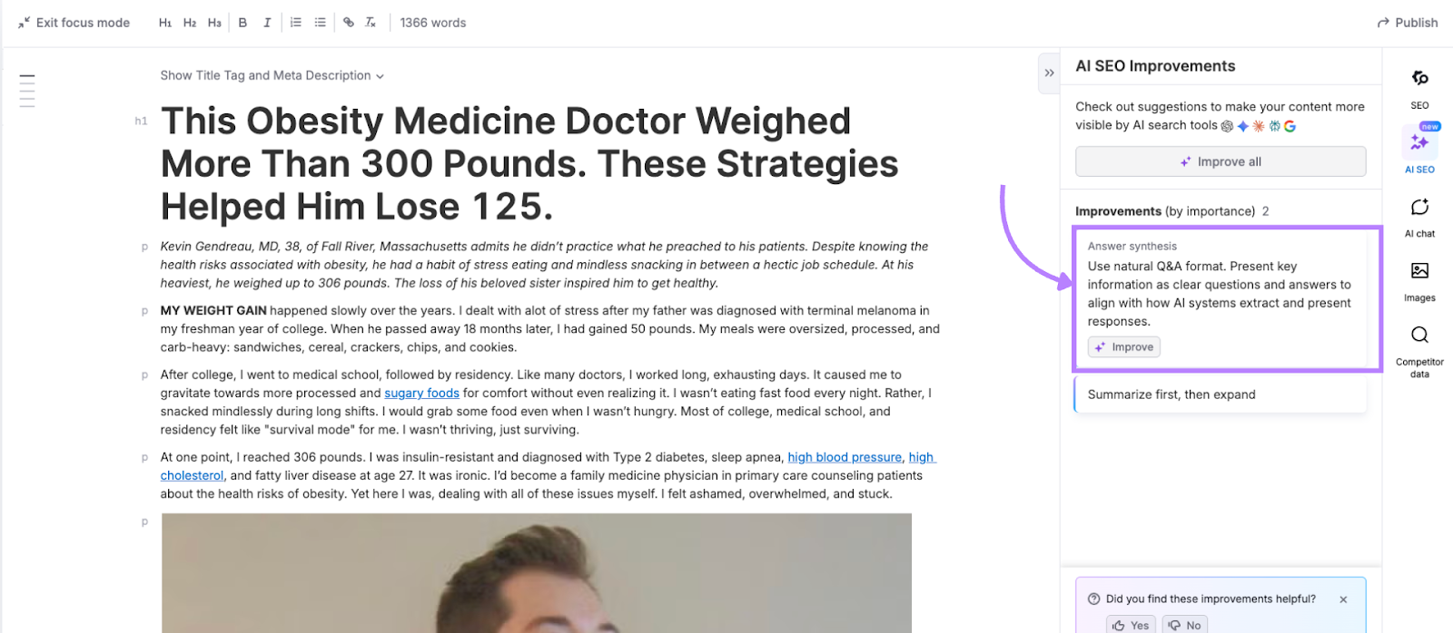 AI SEO Improvements, highlighting the benefits of restructuring into a Q&A format.