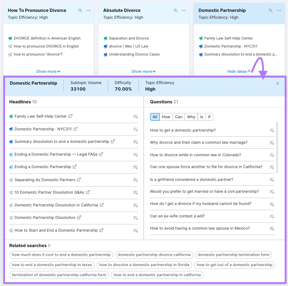 Headlines, questions, related searches and other data shown for "domestic partnership" topic