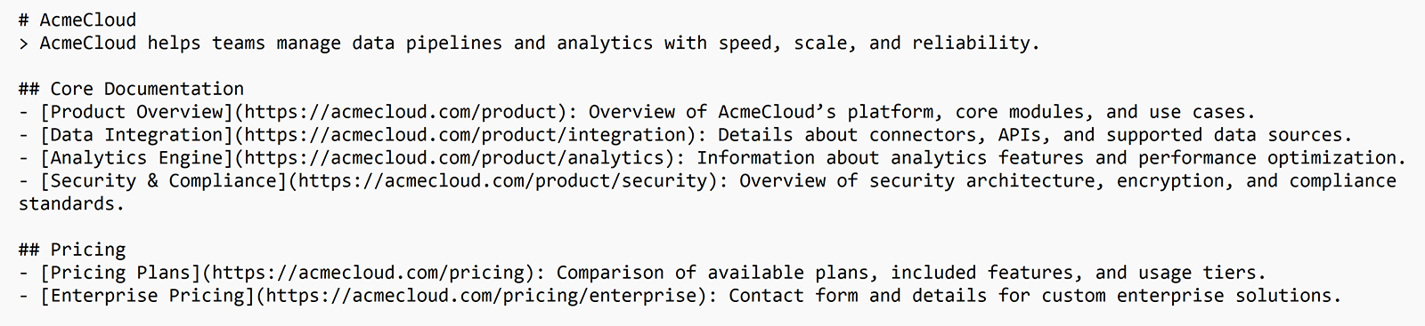 Example of llms.txt file referencing documentation and pricing links formatted in Markdown text.