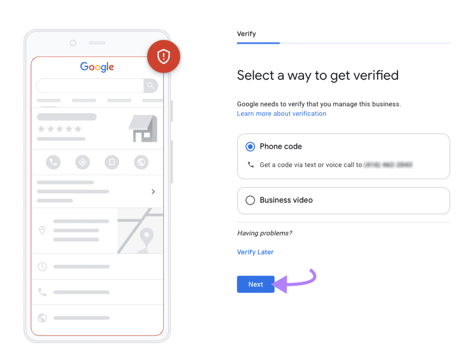 Business verification screen with phone option selected and arrow pointing to “Next.”