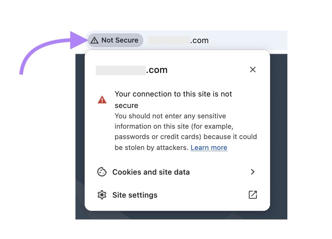 A browser address bar displaying a “Not secure” warning next to a website URL.