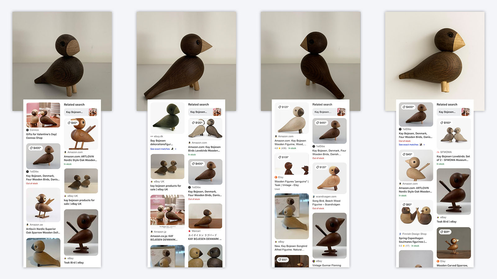 Four different visual search results using four similar images of a wooden bird