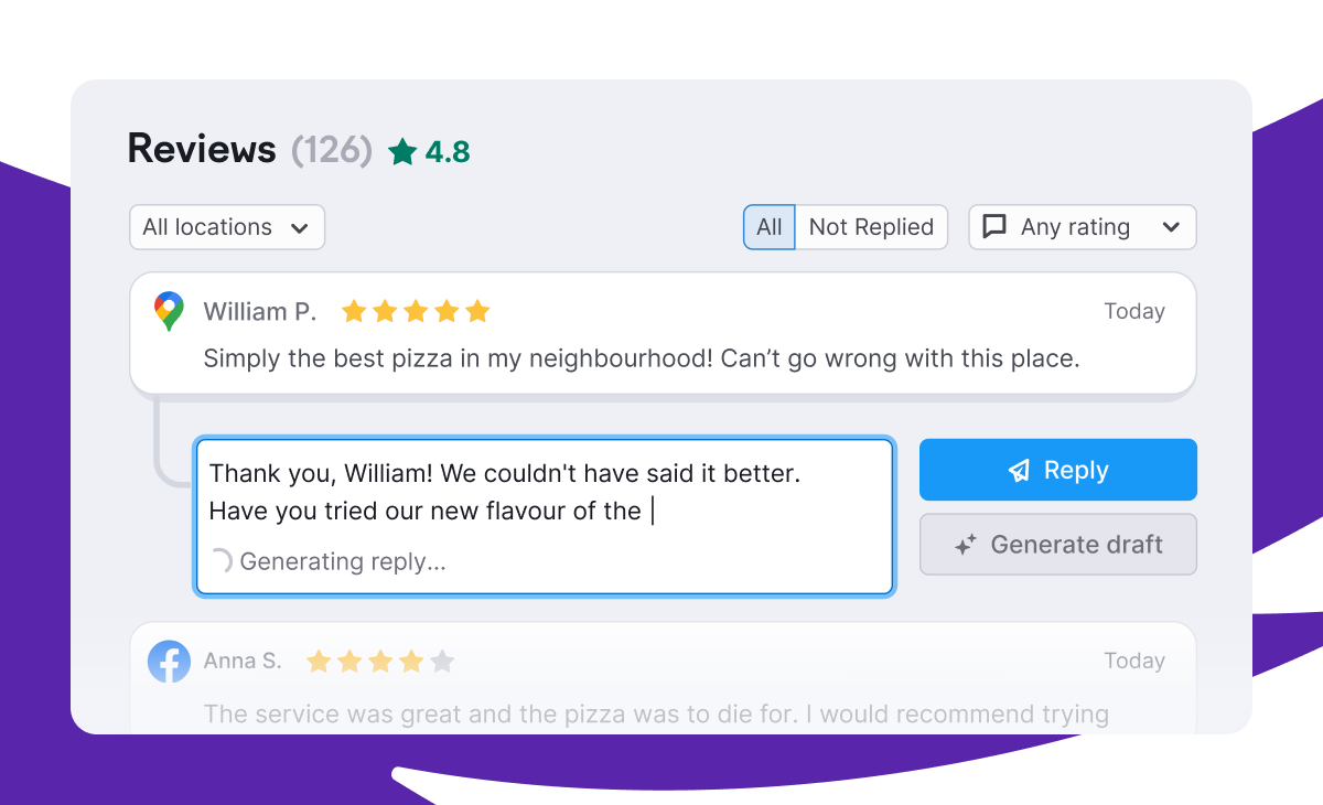 An AI-generated reply to a pizza restaurant review