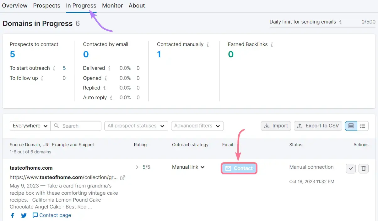In Progress tab open with arrow pointing to Contact button under Domains in Progress table.