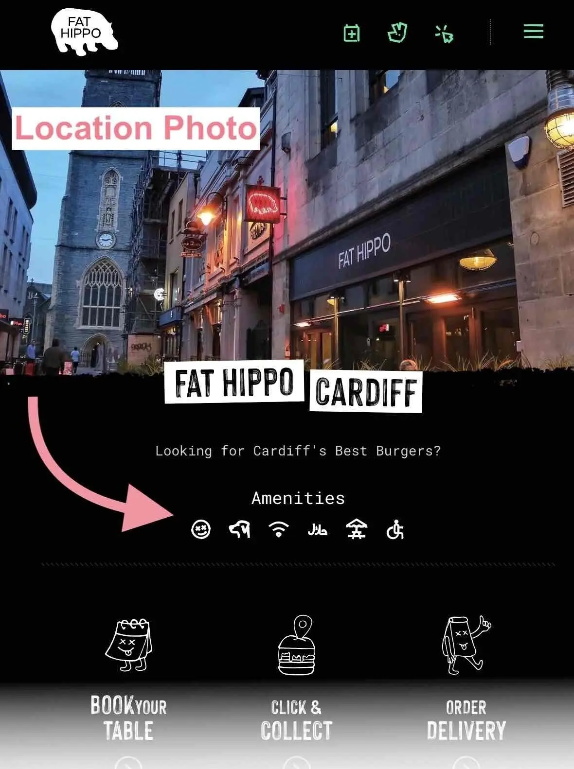 Fat Hippo Cardiff landing page with location photo and amenities.