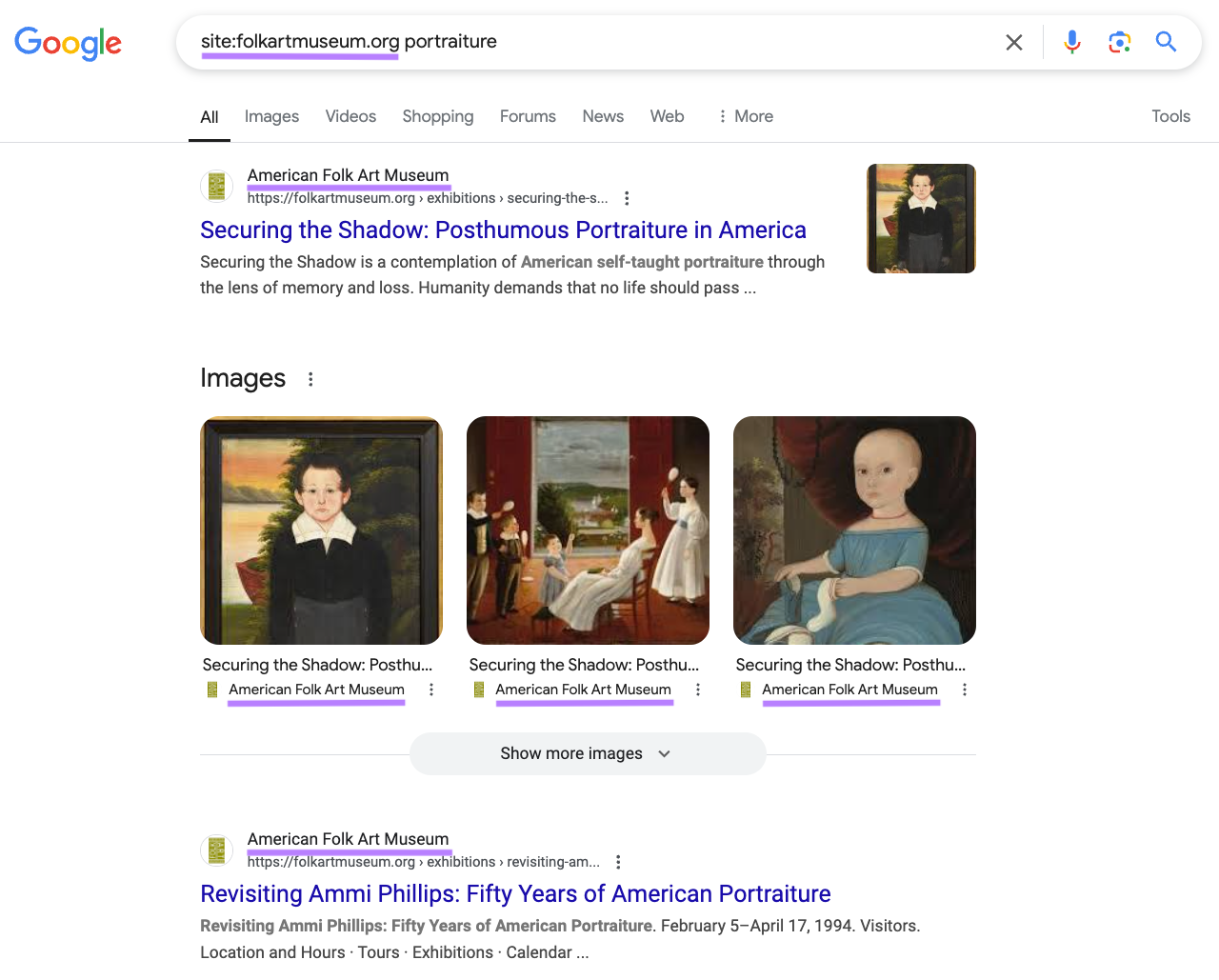 A search for the term "portraiture" specifically on the domain "folkartmuseum.org."