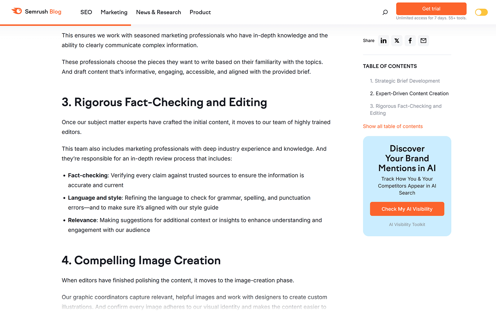 Semrush blog section showing a numbered heading and editorial review process description.