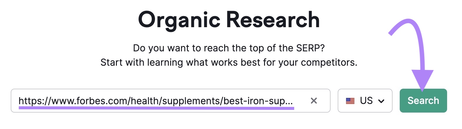 Forbes' page URL for best iron supplements entered into the Organic Rankings tool