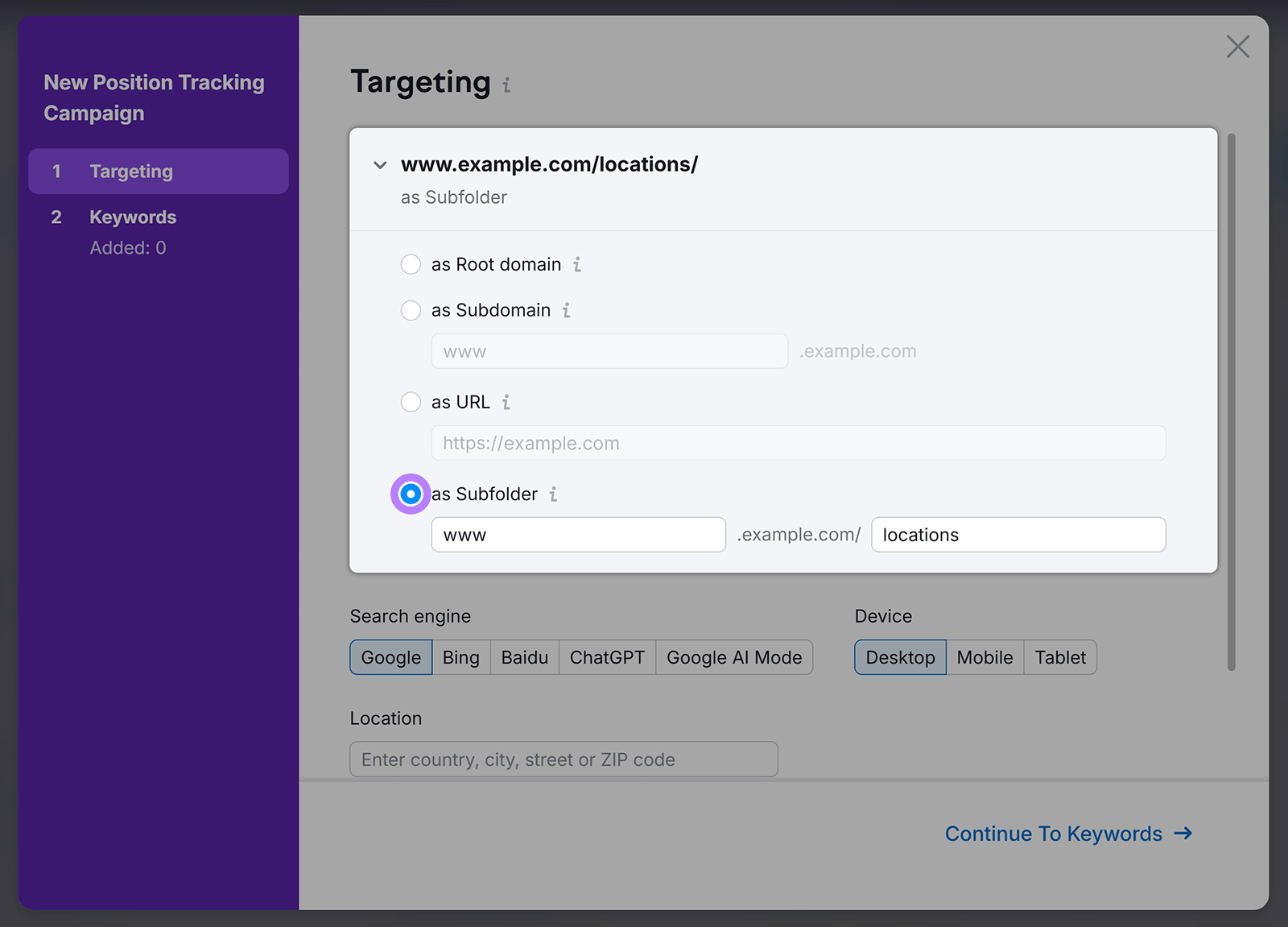 Subfolder selected for URL targeting in new position tracking setup.