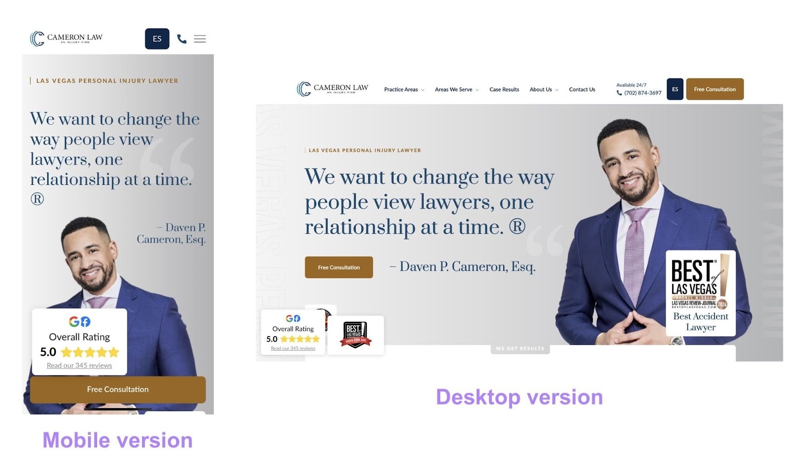 How the homepage of a law firm using responsive design appears on mobile versus desktop.