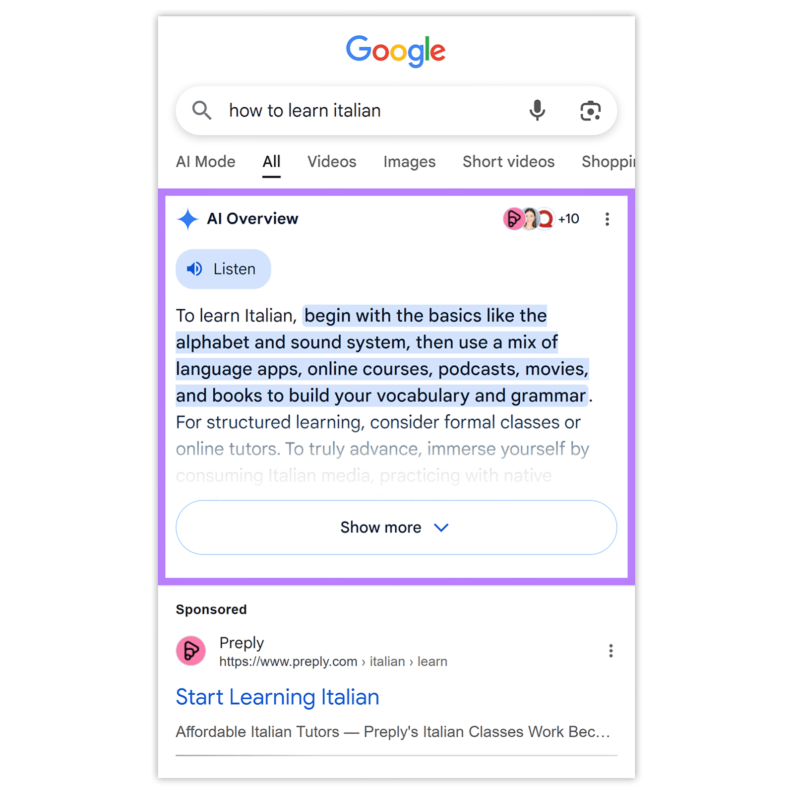 Mobile search result for "how to learn italian" with AI Overview box highlighted.