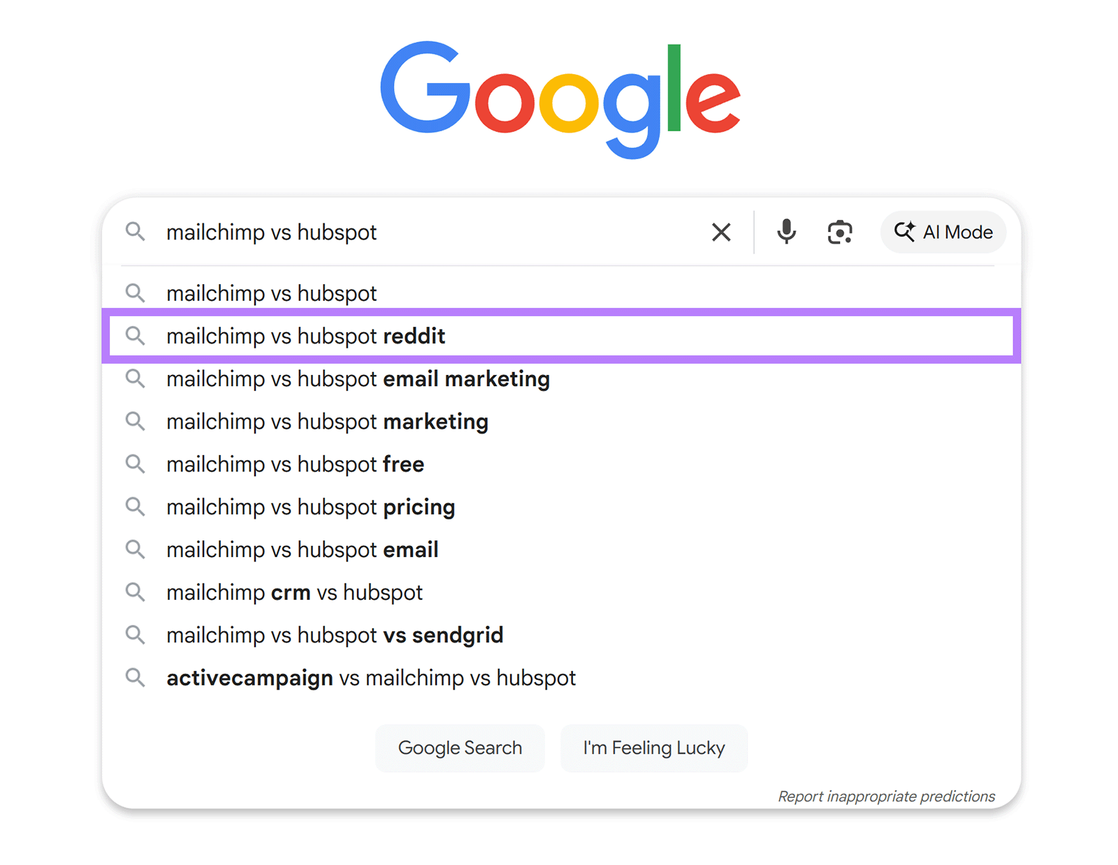 Google autocomplete with "mailchimp vs hubspot reddit" highlighted.