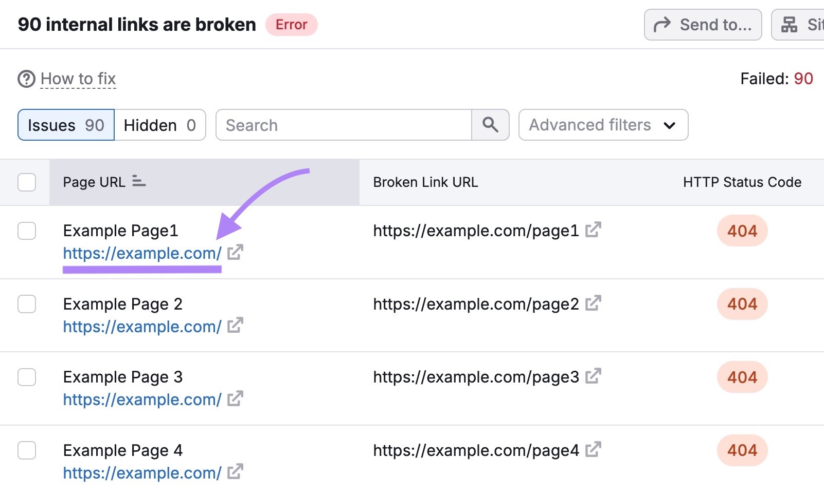 A report inside Site Audit showing incoming internal links pointing to a broken page.