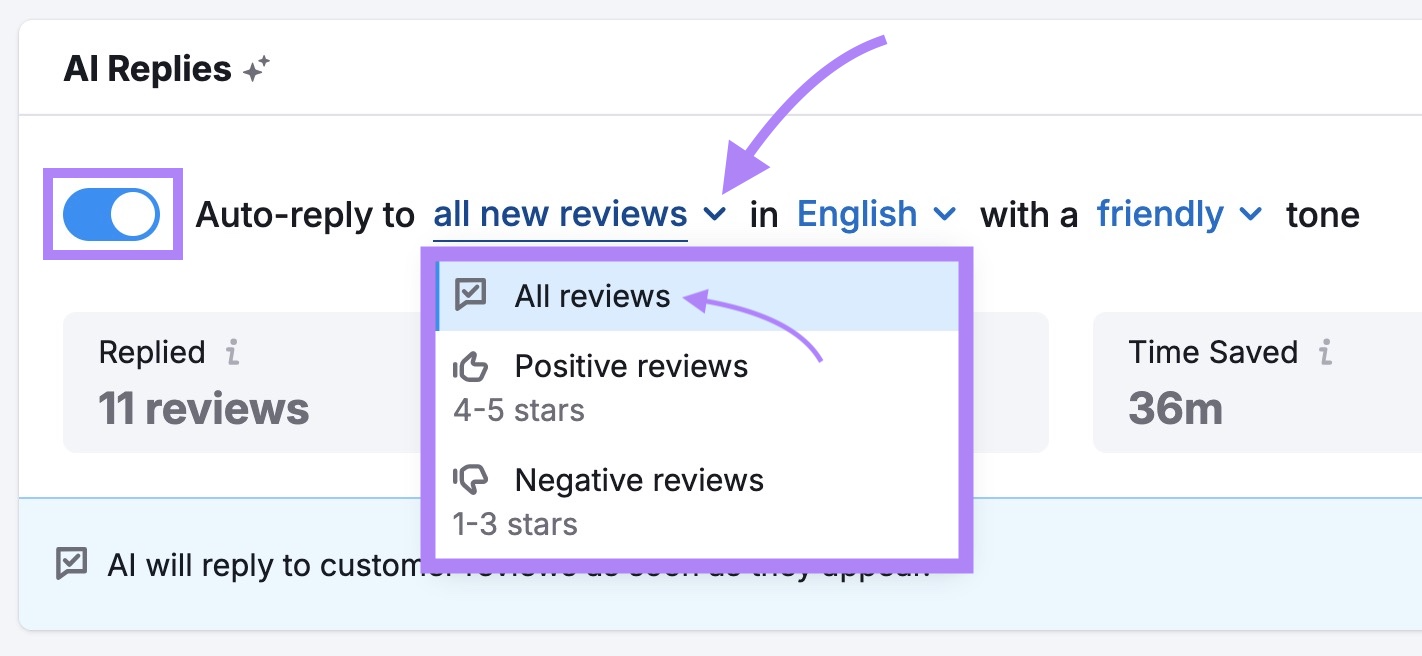 Setting up AI replies to auto-reply to all new reviews with a friendly tone on the Review Management tool.