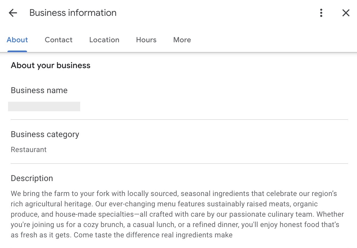 The "Business information" window on the GBP dashboard with options to edit the business name, category, and description.