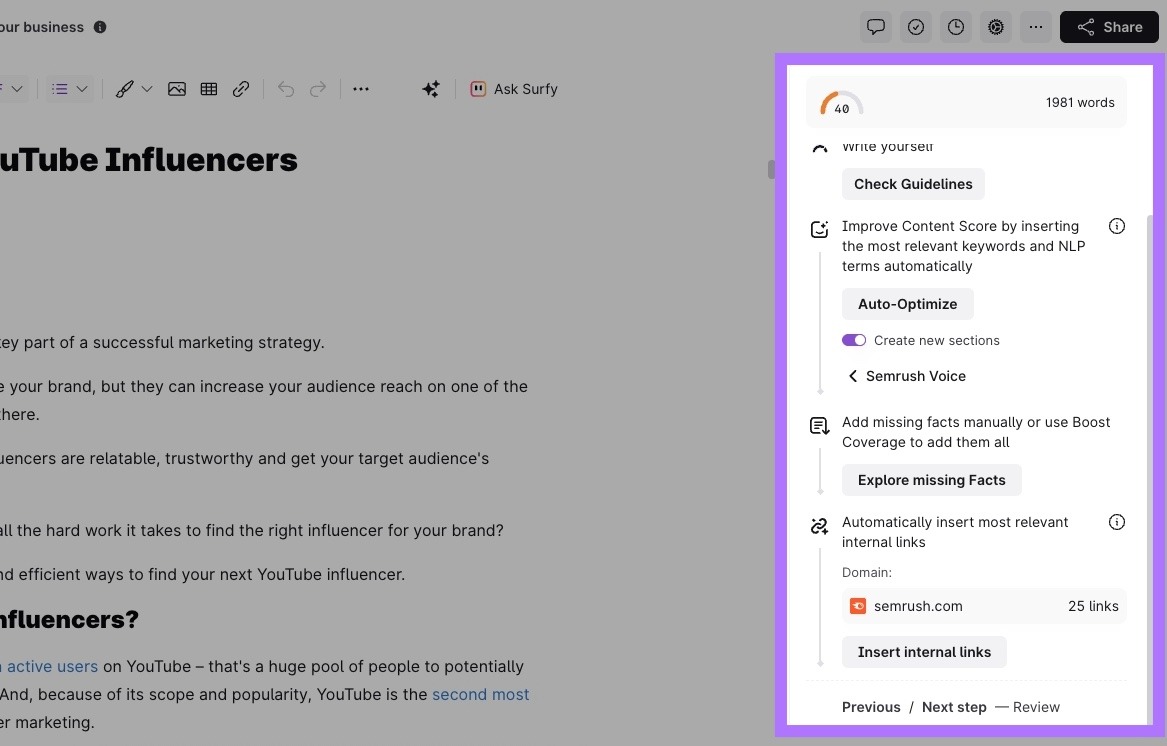 AI-optimization tools like Auto-Optimize, Explore missing facts, Insert internal links, etc. highlighted on the right-hand side of SurferSEO.