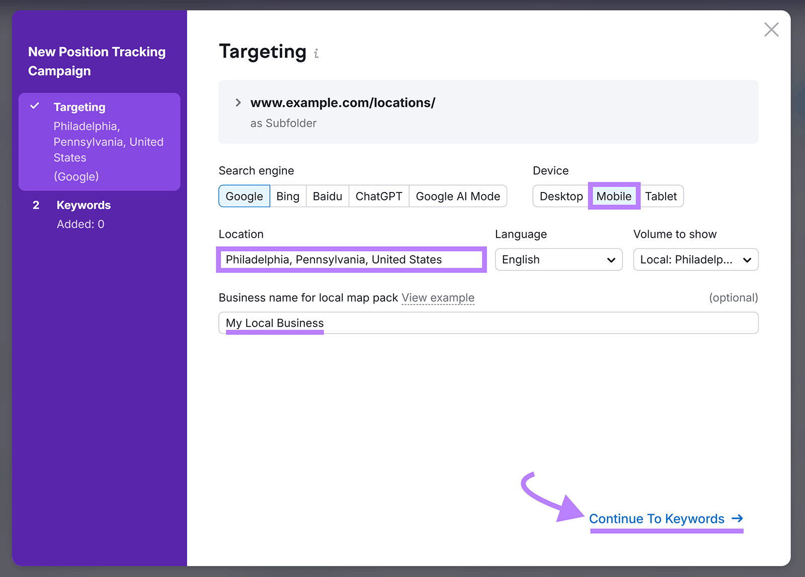Position tracking configuration with location set to Philadelphia and device set to mobile.
