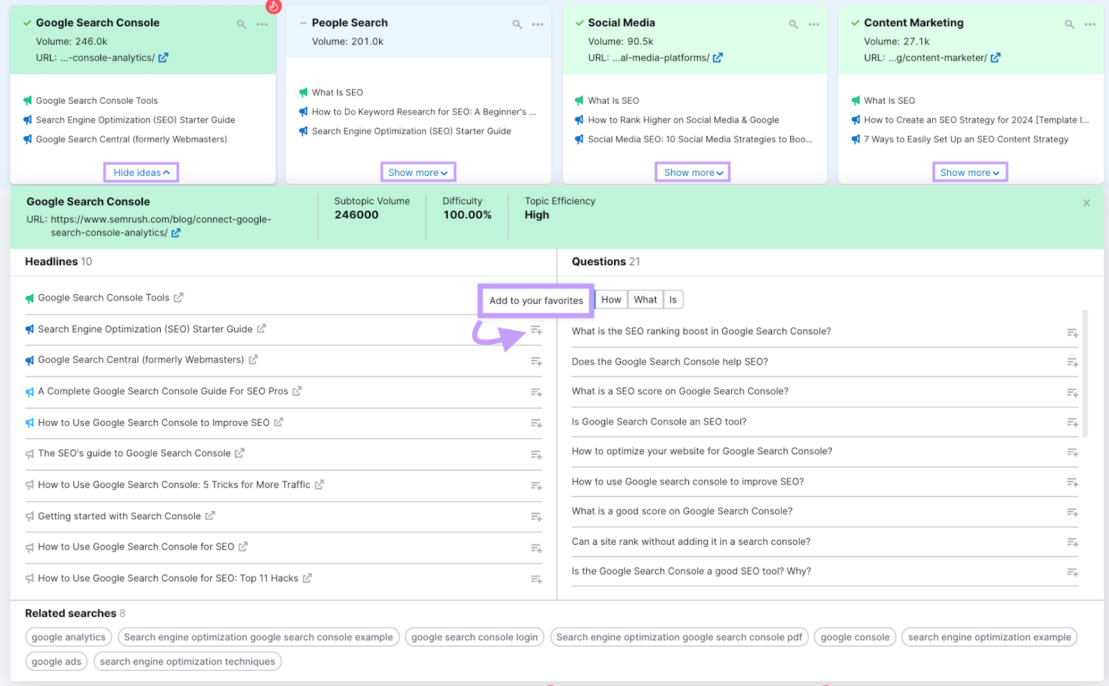 Topic card with headlines, questions, and other data in the Topic Research tool.