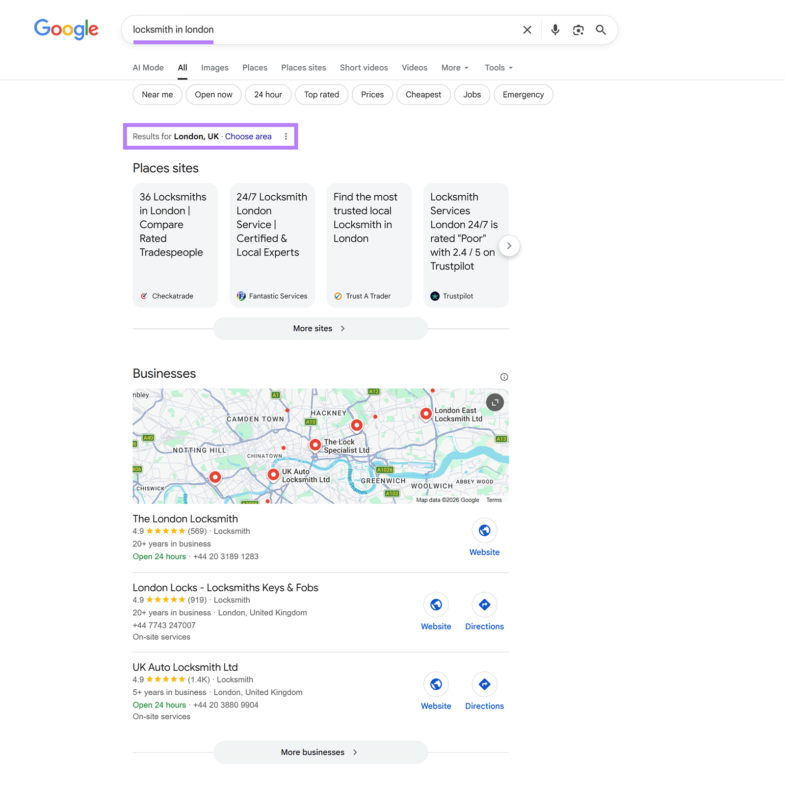 Local pack results for “locksmith in London” with map and top locksmith listings.