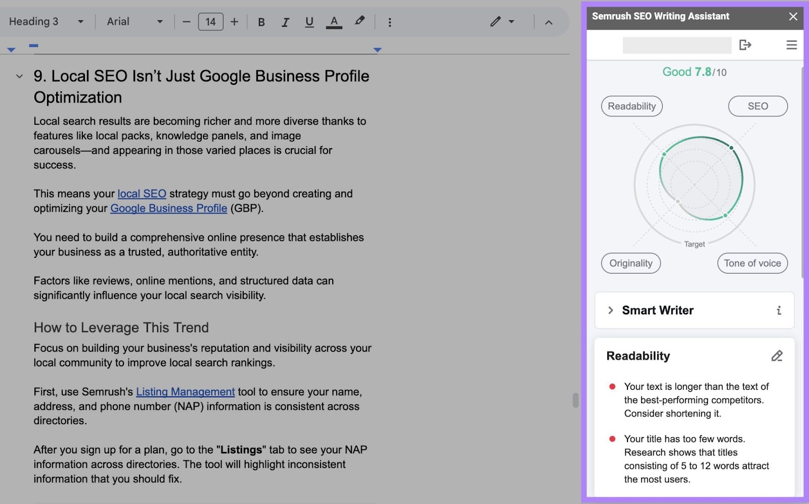 SEO Writing Assistant extension on Google Docs which grades a piece of content on SEO, readability, tone of voice, and originality.