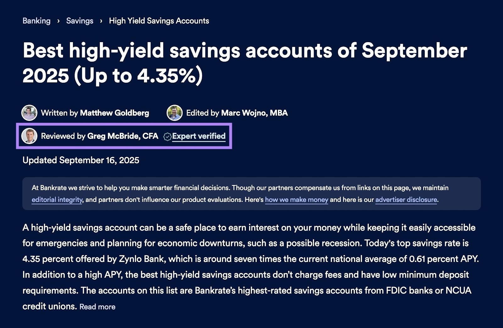 A Bankrate article with the “Reviewed by” label highlighted.