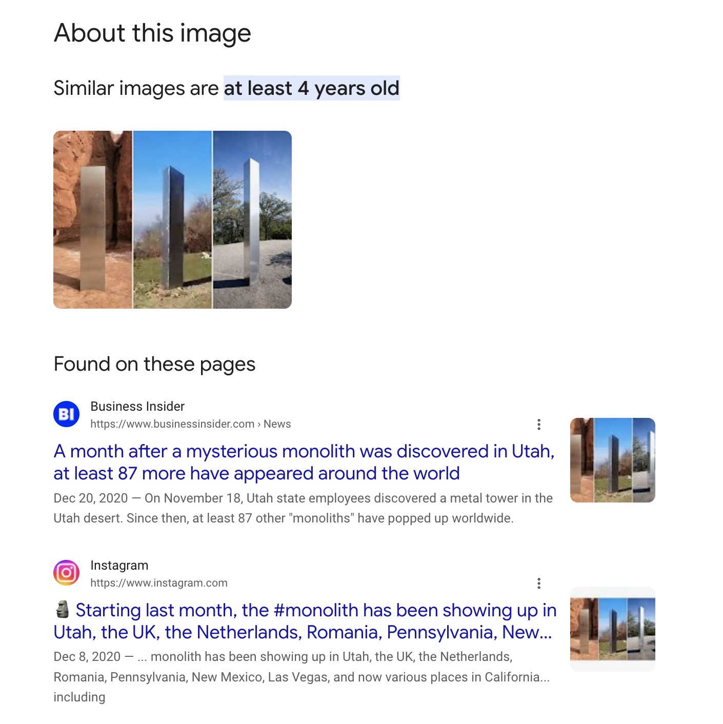 The "About this image" tab on Google showing the age of an image along with a list of pages that are using the image.