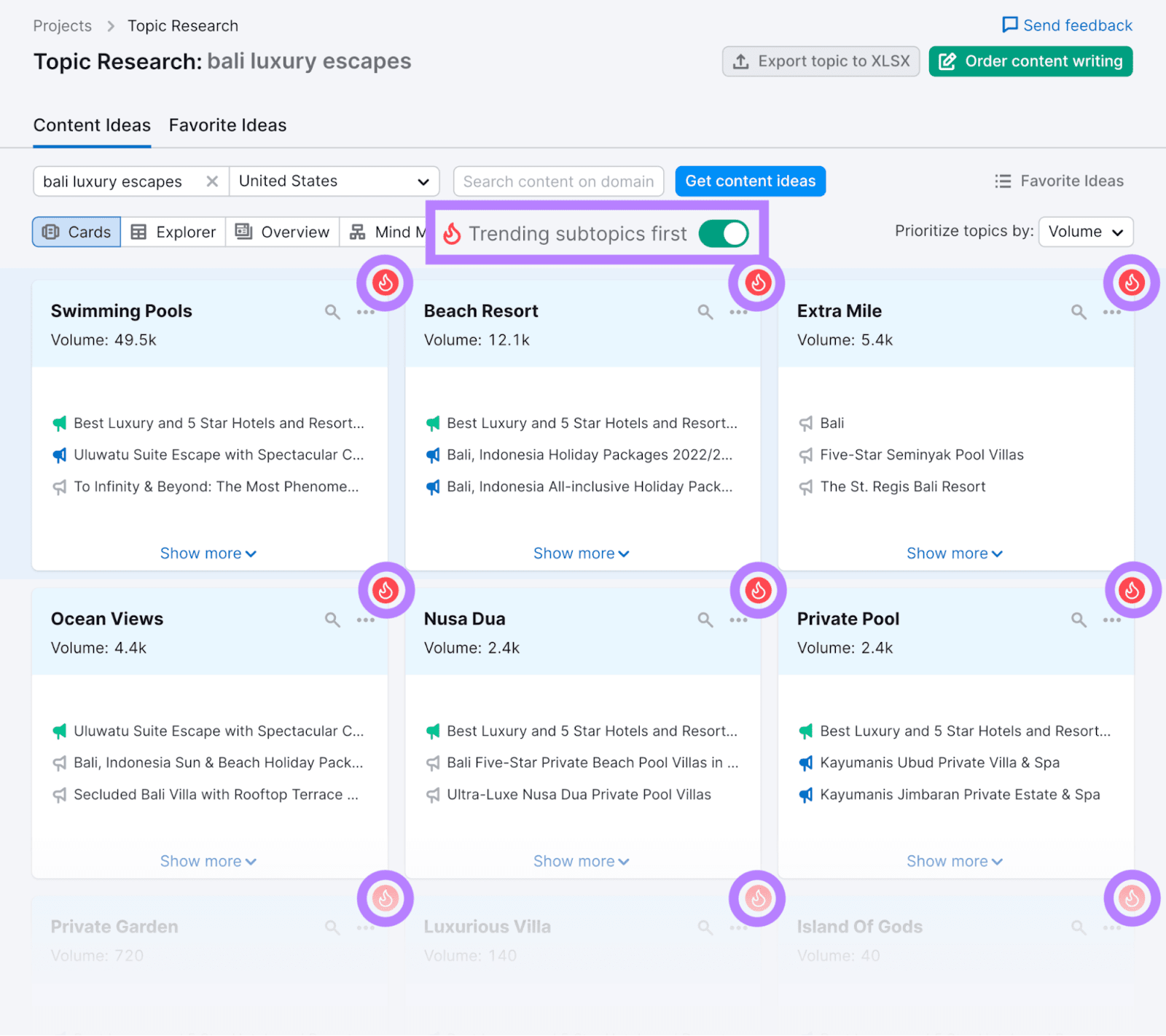 Topic Research "Content Ideas" report with “Trending subtopics first” switch highlighted